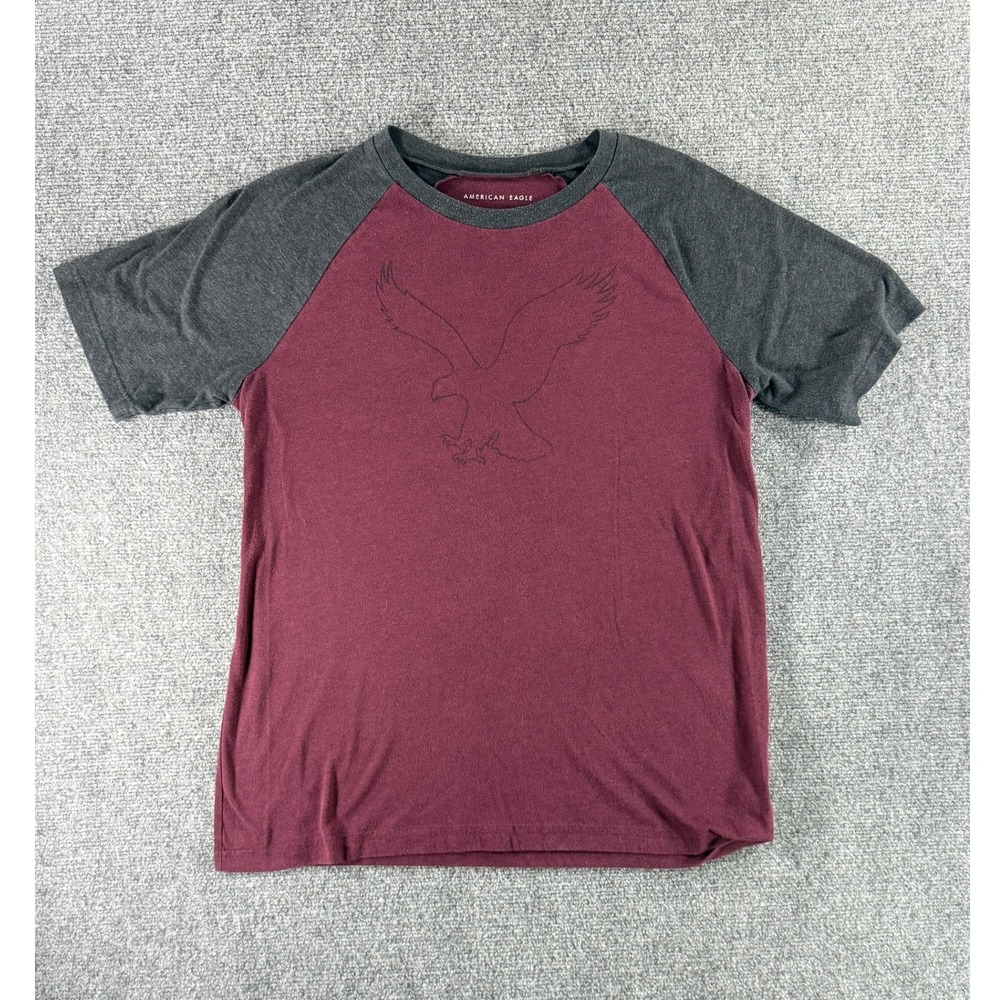 American Eagle Mens Raglan T-Shirt Burgundy Grey Eagle Logo Short Sleeve Medium